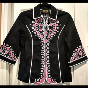 Bob Mackie Embroidered Cutout Art Jacket w/ Pink and White Design XS
